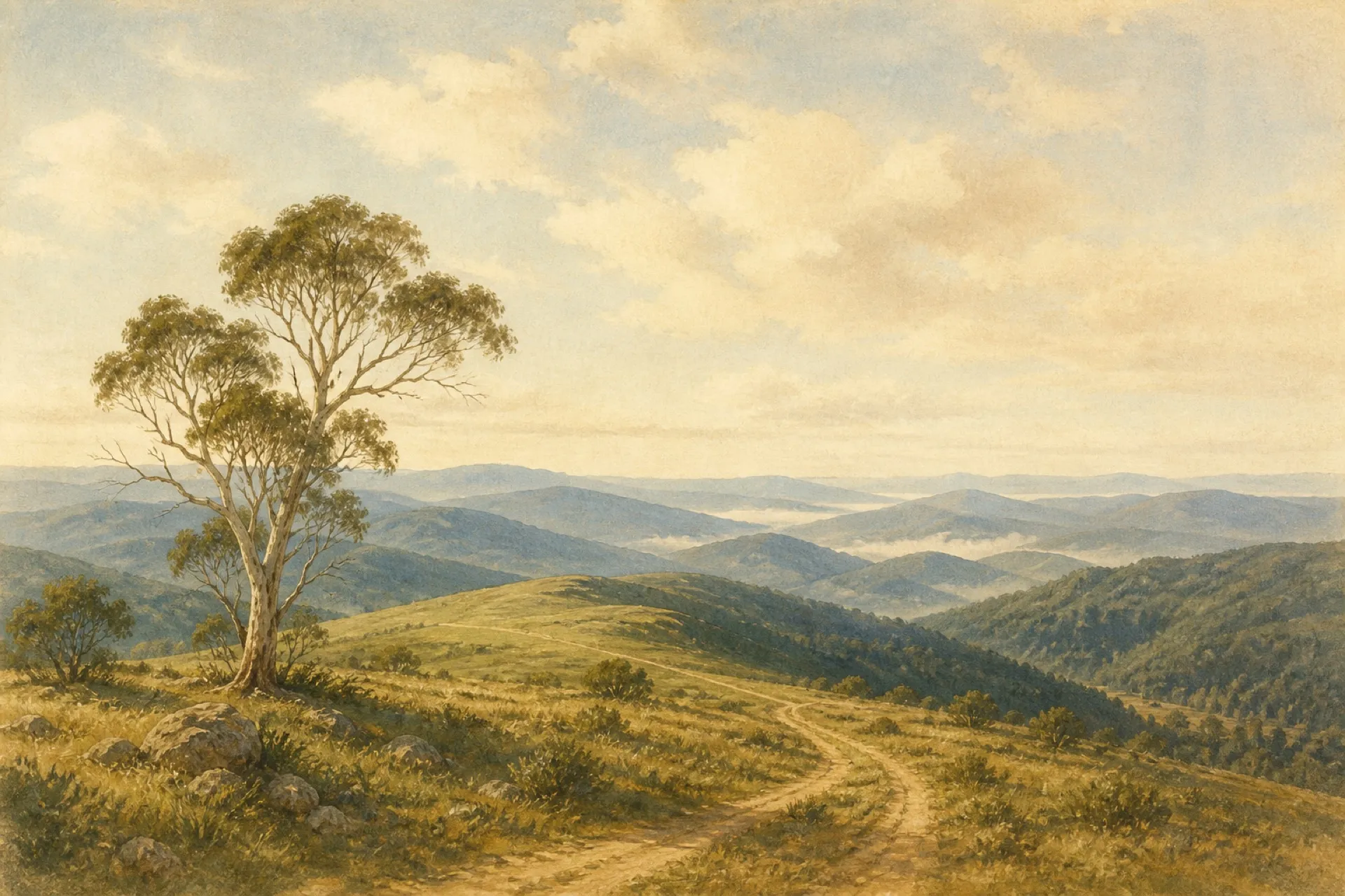 Illustration of wide-open Australian high country with a lone gum tree and distant ridges